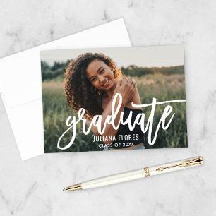 Bold Brush White Graduate Photo Thank You Card