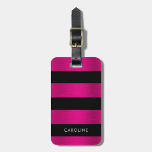 Bold Brushed Hot Pink Metal & Black Stripes Luggage Tag