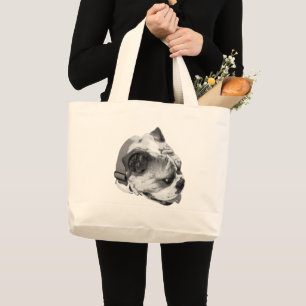 Bold bulldog profile in black and white large tote bag