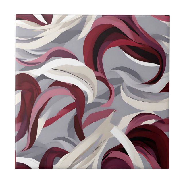 Bold Burgundy Brushstrokes on Grey Background  Ceramic Tile (Front)