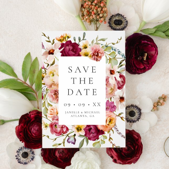 Bold Burgundy Floral Photo Wedding Save The Date (Creator Uploaded)