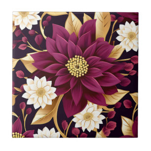 Bold Burgundy Gold Leaves And Floral Ceramic Tile