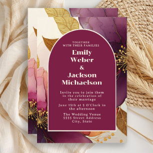 Bold Burgundy Plum Gold Floral Arch Wedding Invitation