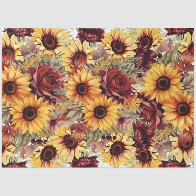 Bold Burgundy & Sunflowers Floral Decoupage  Tissue Paper (Front)