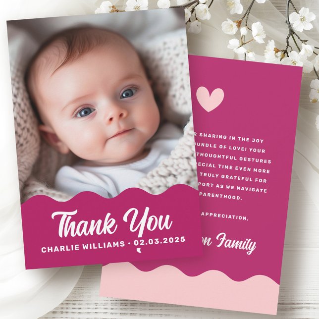 Bold burgundy wave photo pink new baby thank you card (Bold burgundy wave photo pink new baby thank you card)