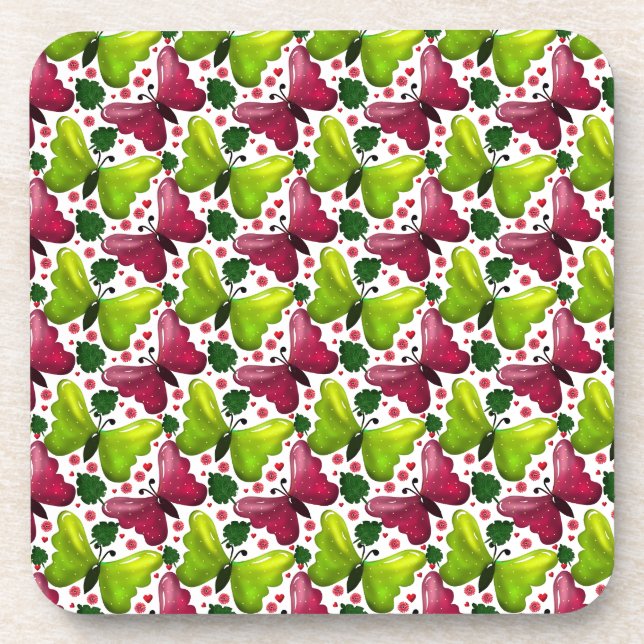 Bold Butterfly Floral Pattern with Hearts Coaster (Front)