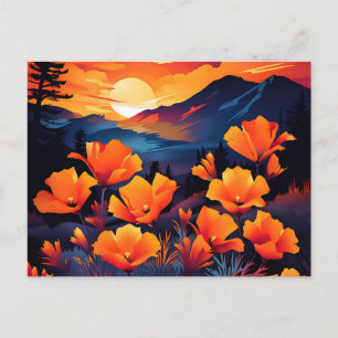 Bold California Poppy with Fiery Sunset Postcard