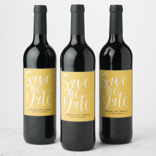 Bold Calligraphy Mustard white save the date Wine Label