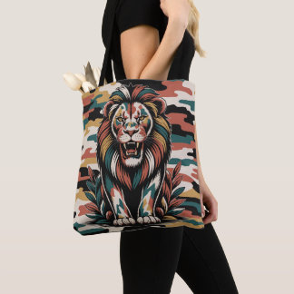Bold camo lion design tote bag