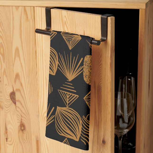 Bold Caribbean Tribal Mudcloth: Black, Gold Tea Towel (Thirds Fold)