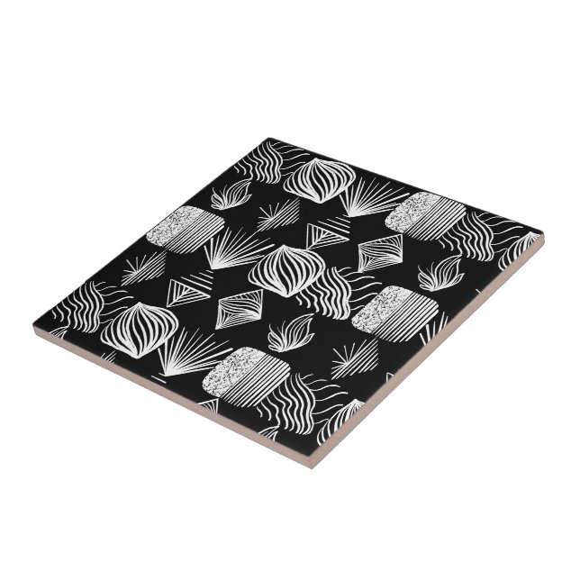 Bold Caribbean Tribal Mudcloth – Black & White,  Ceramic Tile (Side)