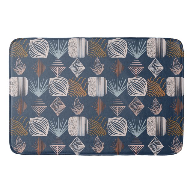 Bold Caribbean Tribal Mudcloth: Navy Blue, Boho Bath Mat (Front)