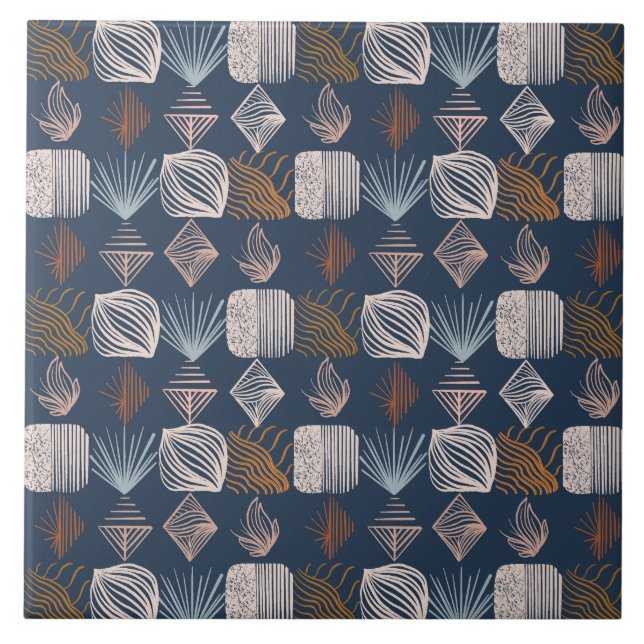 Bold Caribbean Tribal Mudcloth: Navy Blue, Boho Ceramic Tile (Front)