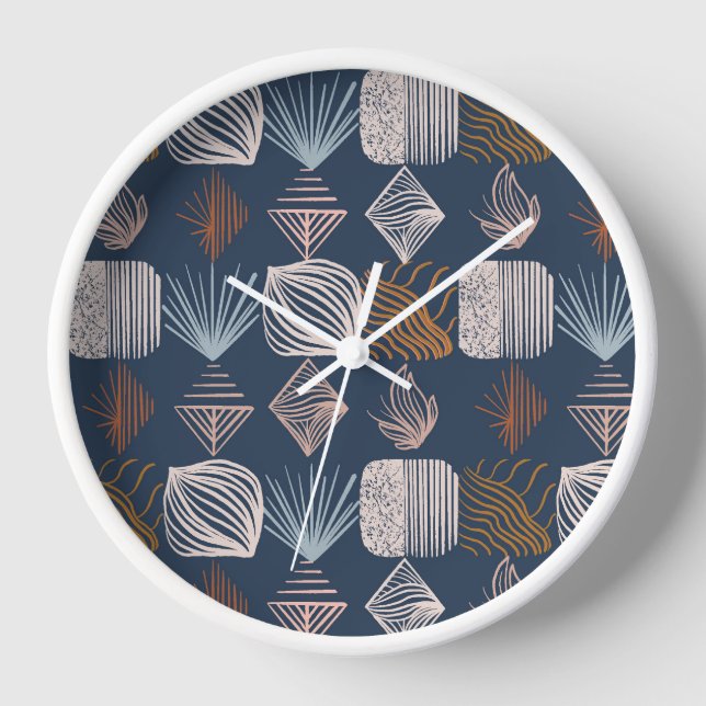 Bold Caribbean Tribal Mudcloth: Navy Blue, Boho Clock (Front)