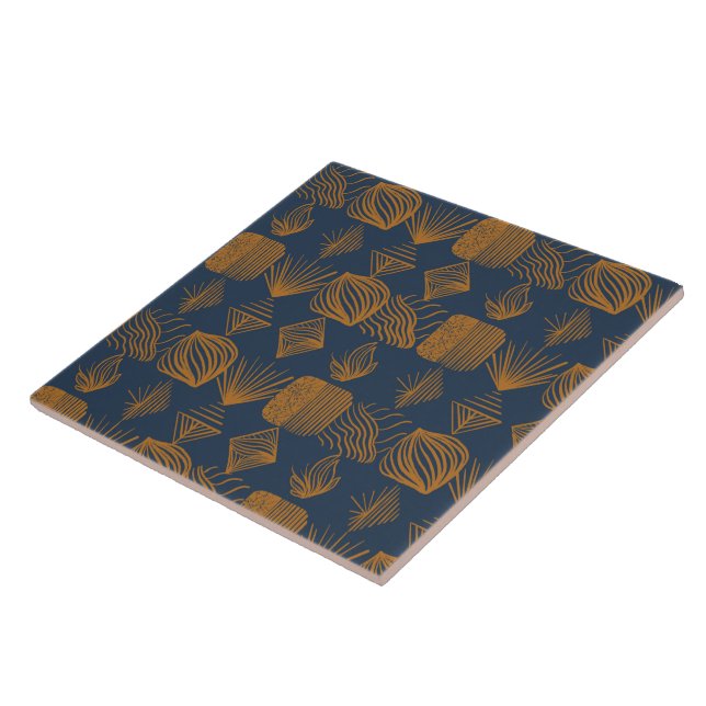 Bold Caribbean Tribal Mudcloth: Navy Blue, Gold Ceramic Tile (Side)