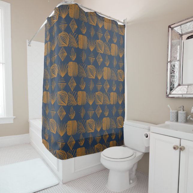 Bold Caribbean Tribal Mudcloth: Navy Blue, Gold Shower Curtain (In Situ)
