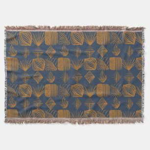 Bold Caribbean Tribal Mudcloth: Navy Blue, Gold Throw Blanket