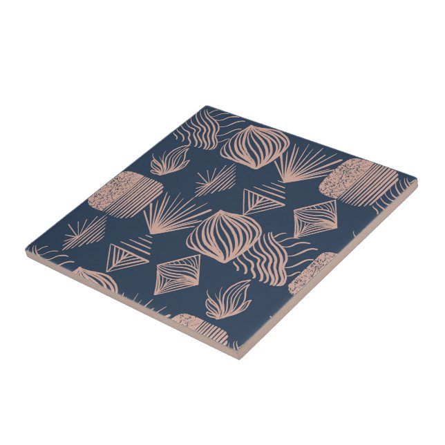 Bold Caribbean Tribal Mudcloth: Navy Blue, Pink Ceramic Tile (Side)