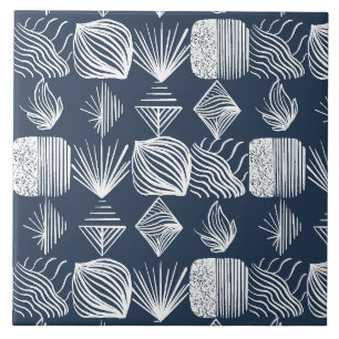 Bold Caribbean Tribal Mudcloth: Navy Blue& White, Ceramic Tile
