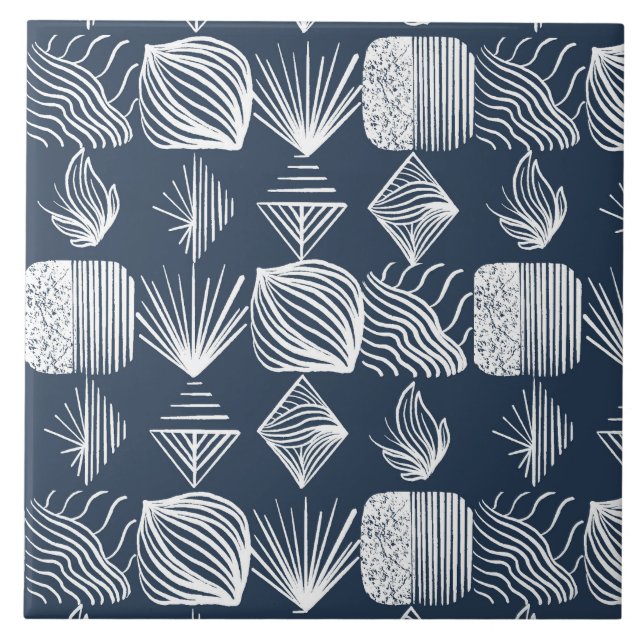 Bold Caribbean Tribal Mudcloth: Navy Blue& White,  Ceramic Tile (Front)