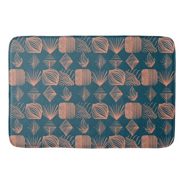 Bold Caribbean Tribal Mudcloth: Teal, Coral Throw Bath Mat (Front)