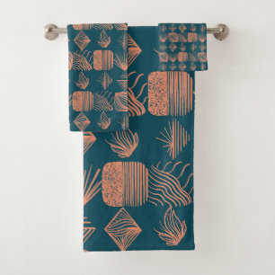 Bold Caribbean Tribal Mudcloth: Teal, Coral Throw Bath Towel Set