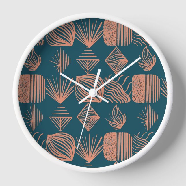 Bold Caribbean Tribal Mudcloth: Teal, Coral Throw Clock (Front)