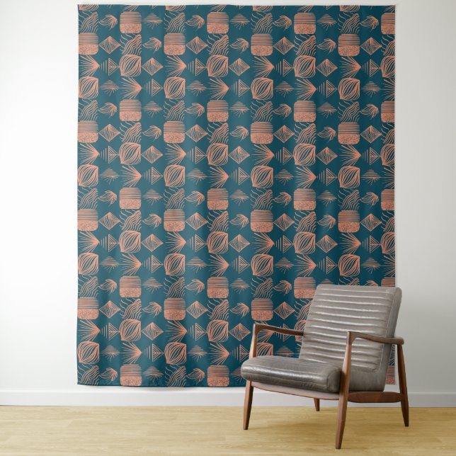 Bold Caribbean Tribal Mudcloth: Teal, Coral Throw Tapestry (In Situ)