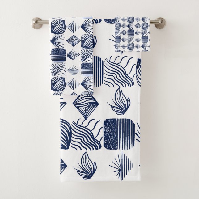 Bold Caribbean Tribal Mudcloth: White, Navy Blue Bath Towel Set (Insitu)