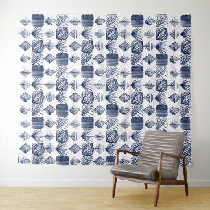 Bold Caribbean Tribal Mudcloth: White, Navy Blue Tapestry