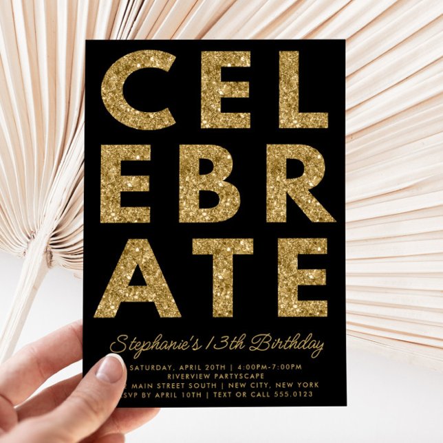 Bold CELEBRATE Black with Gold Glitter Birthday Invitation (Creator Uploaded)