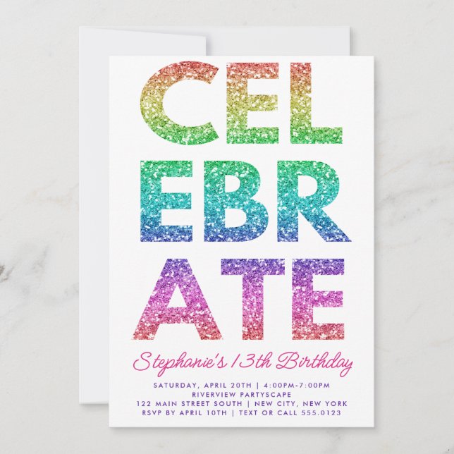 Bold CELEBRATE Rainbow Glitter Birthday Invitation (Front)