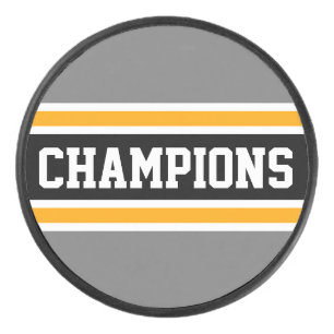 Bold CHAMPIONS Athletic Grey Black Yellow Stripes Hockey Puck