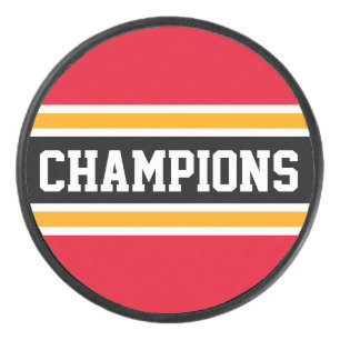 Bold CHAMPIONS Athletic Red Black Racing Stripes Hockey Puck