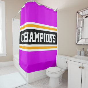 Bold CHAMPIONS Bright Pink Black Racing Stripes Shower Curtain