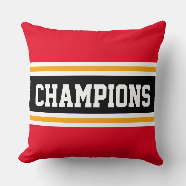 Bold CHAMPIONS Bright Red Black Athletic Stripes Cushion (Front)