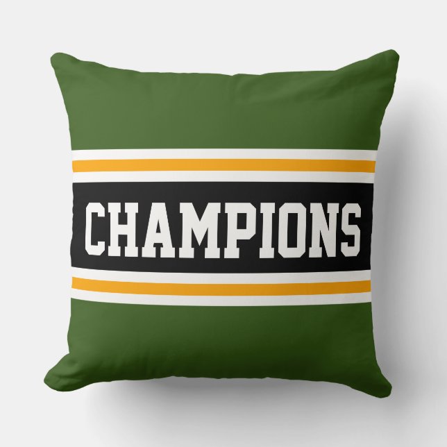 Bold CHAMPIONS Forest Green Black Athletic Stripes Cushion (Front)