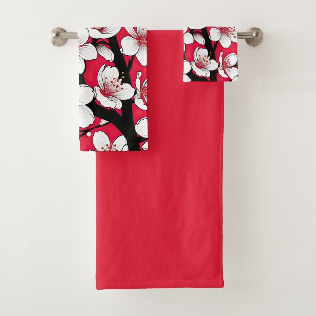 Bold Cherry Blossom Illustration on Red Bath Towel Set (Insitu)