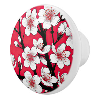 Bold Cherry Blossom Illustration on Red Ceramic Knob