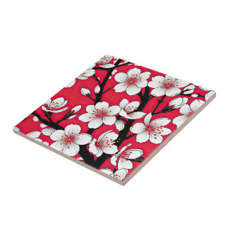 Bold Cherry Blossom Illustration on Red Ceramic Tile
