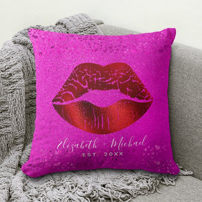 Bold Chic Red Foil Lips Pink Glitter Custom Names Cushion (Creator Uploaded)