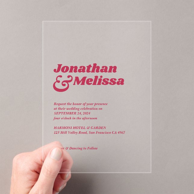 Bold Chic Retro Hot Pink Typography Wedding  Acrylic Invitations (Insitu (Handheld))