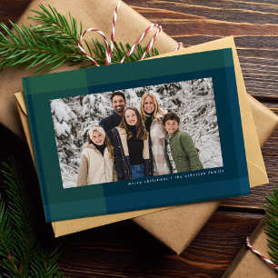 Bold Christmas plaid simple navy green photo Holiday Card