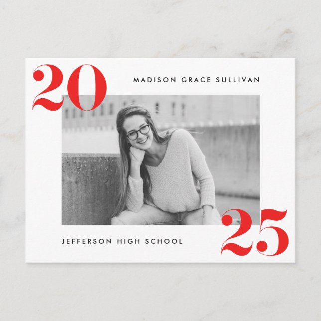 Bold Class of 2025 Red Photo Graduation Party Invitation Postcard (Front)