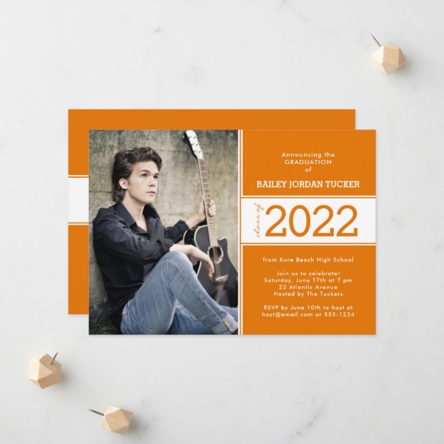 Bold Class Year Deep Orange 2-Photo Graduation Announcement (Front/Back In Situ)