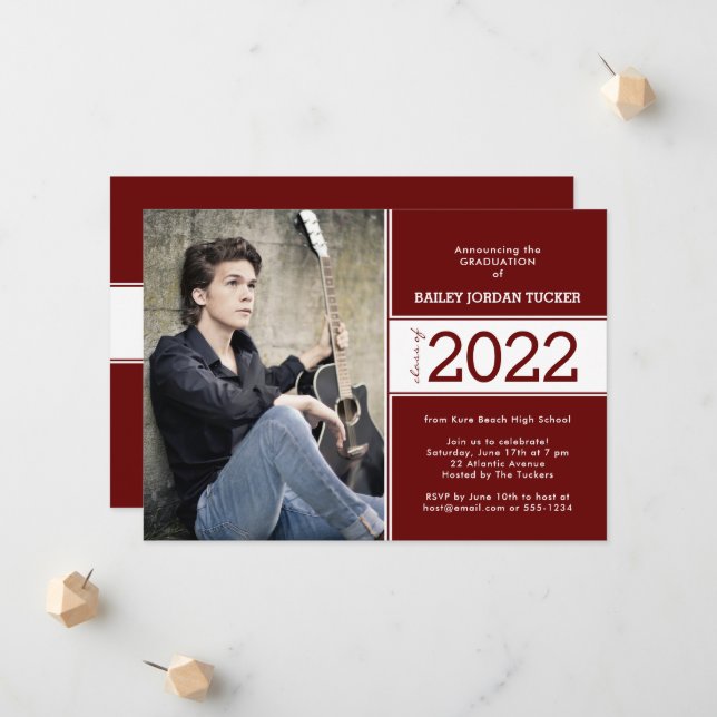 Bold Class Year Red Burgundy 2-Photo Graduation Announcement (Front/Back In Situ)