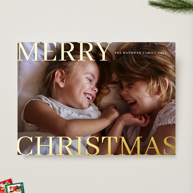 Bold Classic Gold Typography Photo Merry Christmas Foil Holiday Card (Creator Uploaded)
