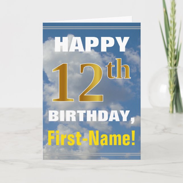 Bold, Cloudy Sky, Faux Gold 12th Birthday + Name Card (Front)