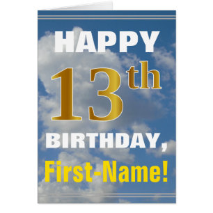 Bold, Cloudy Sky, Faux Gold 13th Birthday + Name
