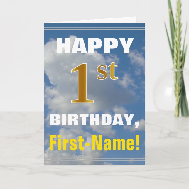 Bold, Cloudy Sky, Faux Gold 1st Birthday + Name Card (Front)